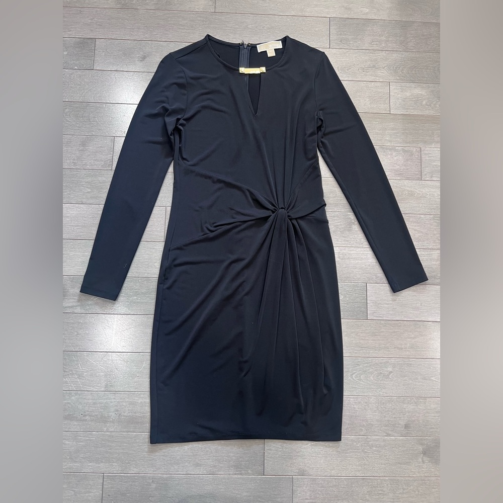 Michael Kors Black Sheath Dress S Gold Bar Neck Twist Knot Long Sleeve